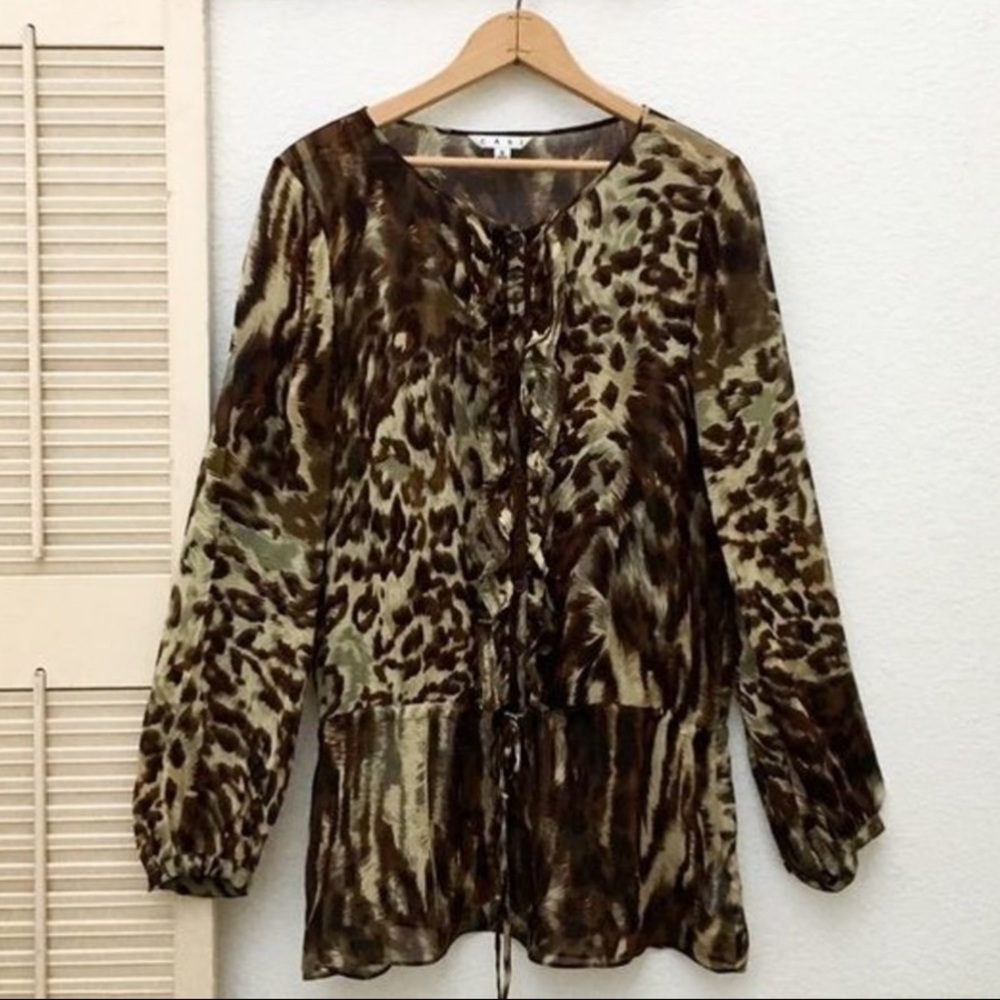 CAbi 806 Silk Crêpe Tunic, Animal Print, Drop Peplum, Semi Sheer, Small, GUC